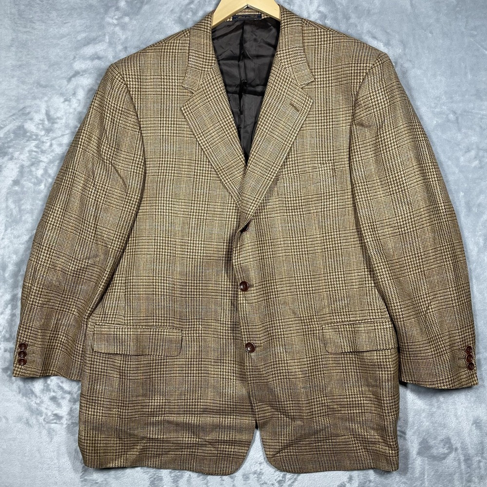 Trussini Etichetta Platino E.Thomas Silk Linen Wool Plaid Blazer Tan Brown 52 IT